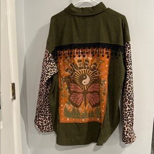 Up Cycled Women’s Olive Green and Leopard Print Button Down Shirt